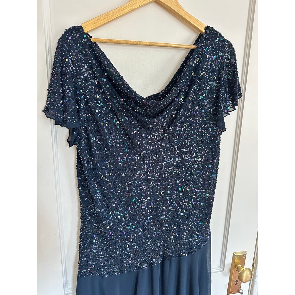 JKARA Beaded Sequin Dress Navy Cowl Flutter Sleeve Evening Formal Wedding 16 W